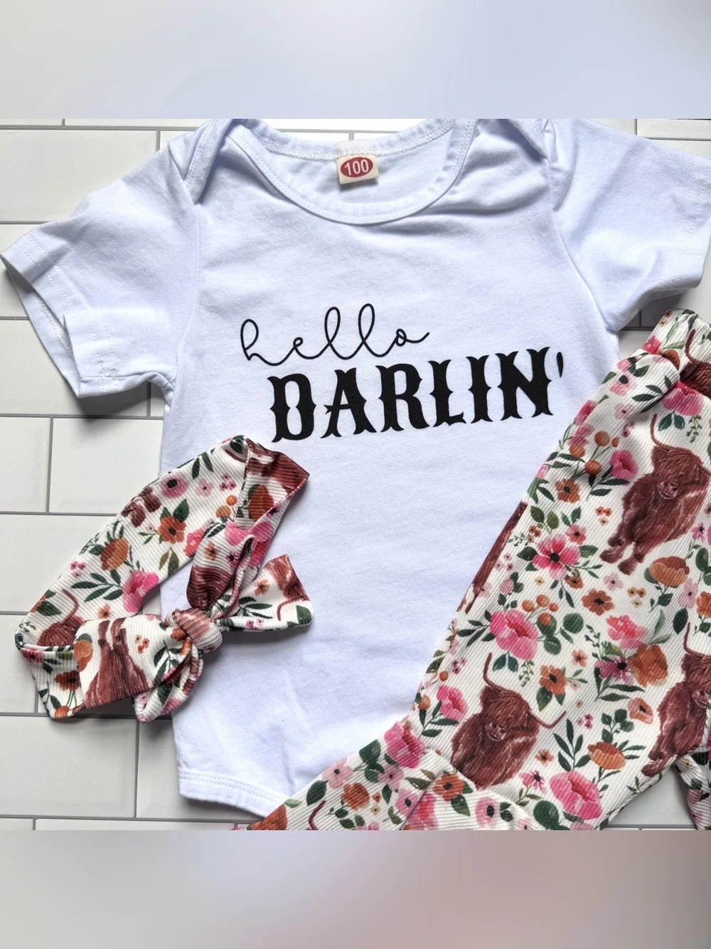 12-18🤠3pc Western Cowgirl Outfit White Bodysuit & Highland Cow Floral Flare Pant